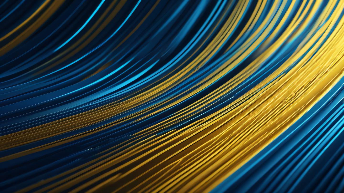 Abstract flowing lines resembling data streams converging and diverging with sunshine yellow and sapphire blue gradients creating a sense of movement and direction captured from a diagonal angle high-quality ultra-realistic cinematic 8K UHD high resolution sharp and detail