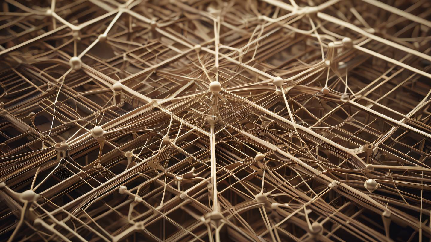 Dynamic abstract composition of interconnected nodes and pathways rendered in contemporary brown and cream tones showing a complex network structure shot from an isometric angle high-quality ultra-realistic cinematic 8K UHD high resolution sharp and detail