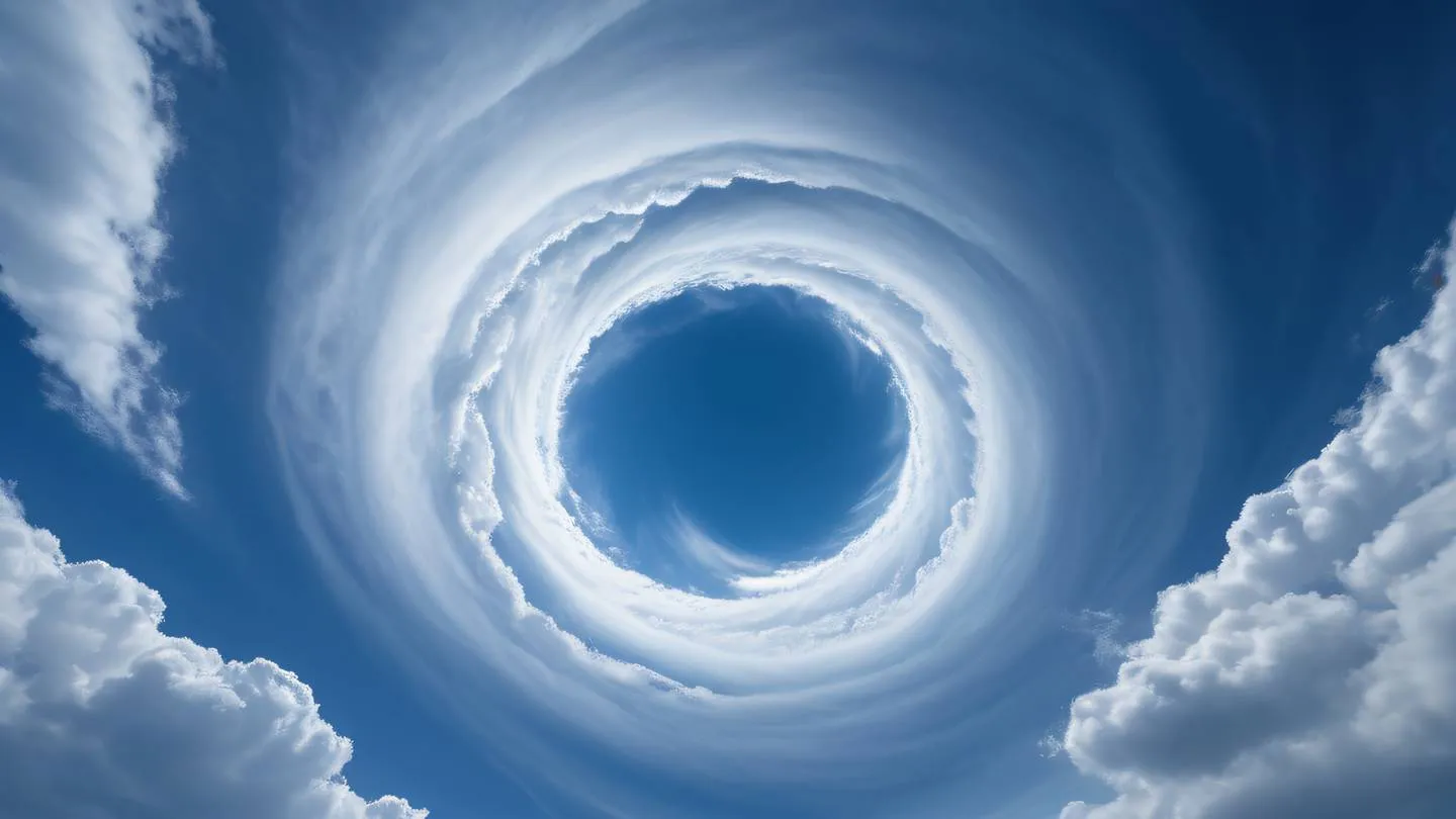 Ethereal cloud formations in baby blue and indigo colors swirling in a spiral pattern against a clear sky photographed from below looking upward high-quality ultra-realistic cinematic 8K UHD high resolution sharp and detail