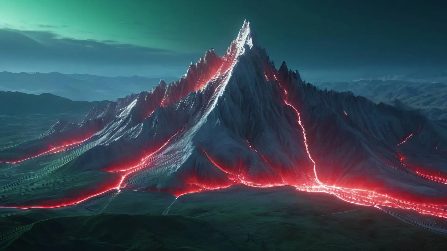 A futuristic green mountain landscape with crystalline formations emerging from the peaks bathed in white and ruby red light viewed from a diagonal aerial perspective high-quality ultra-realistic cinematic 8K UHD high resolution sharp and detail