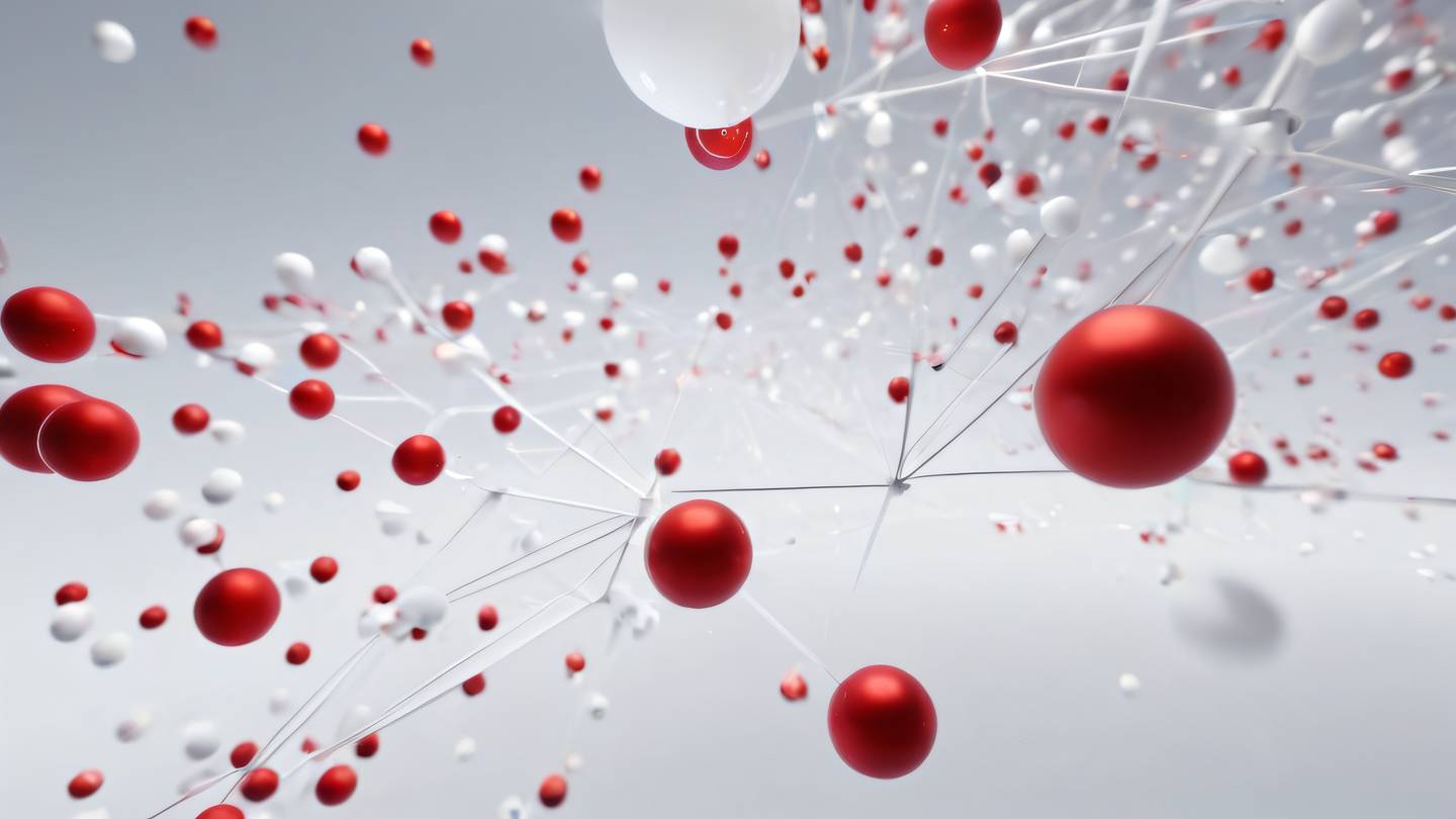 An abstract geometric composition representing different data types featuring floating cubes and spheres in white and red colors interconnected with light streaks shot from a low angle perspective high-quality ultra-realistic cinematic 8K UHD high resolution sharp and detail