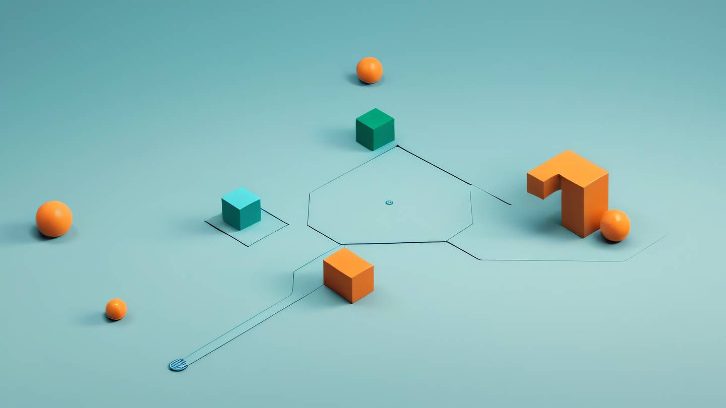 A minimalist composition of floating geometric shapes representing numbers and calculations featuring blue green and orange gradients captured from a birds-eye view perspective high-quality ultra-realistic cinematic 8K UHD high resolution sharp and detail