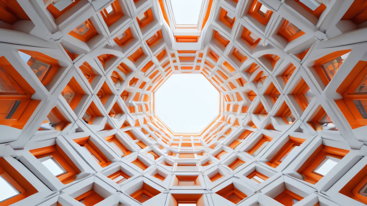 An abstract architectural structure made of interconnected geometric shapes white and orange color scheme photographed from a dramatic upward angle high-quality ultra-realistic cinematic 8K UHD high resolution sharp and detail