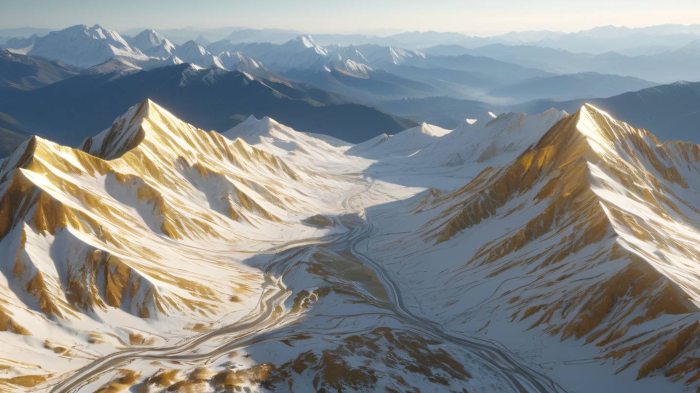 A serene landscape of geometric mountains and valleys rendered in gold and white tones viewed from a diagonal aerial perspective high-quality ultra-realistic cinematic 8K UHD high resolution sharp and detail