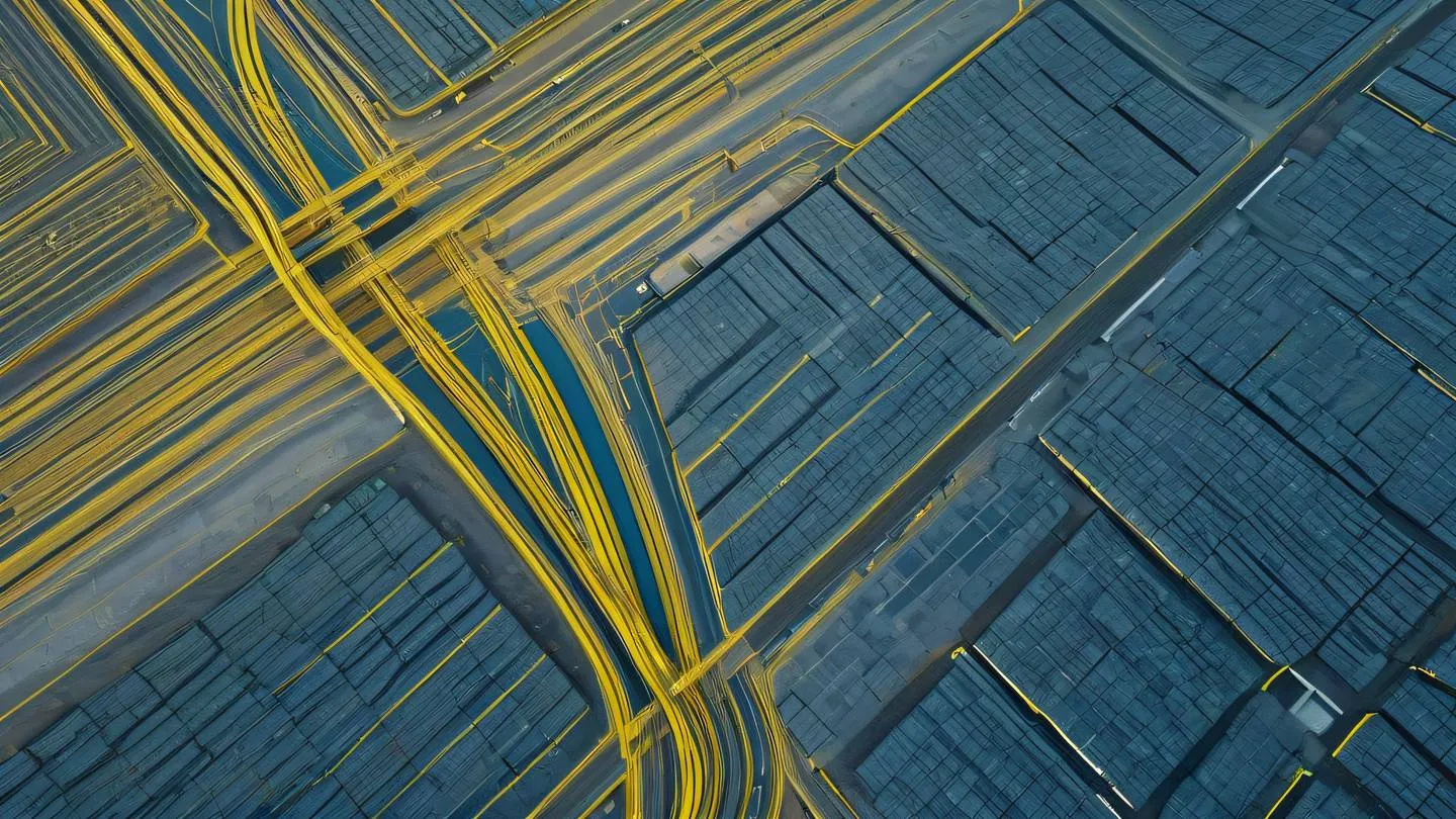 A minimalist technological landscape featuring flowing digital streams and geometric patterns in bright yellow and dusty blue tones captured from a top-down aerial perspective high-quality ultra-realistic cinematic 8K UHD high resolution sharp and detail