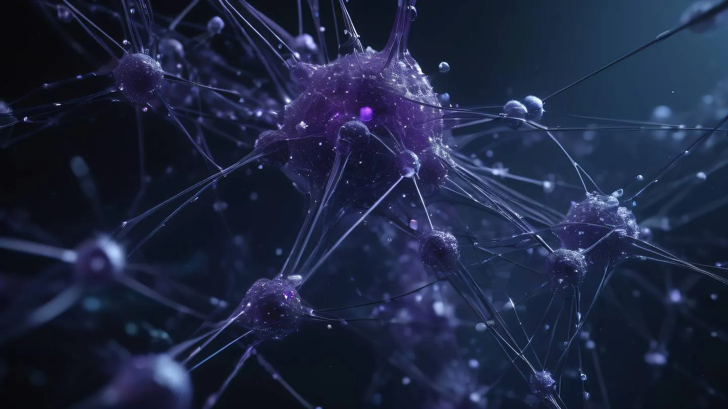 Futuristic network of interconnected nodes and pathways representing data flow rendered in amethyst and dusty blue colors against a dark background captured from a low angle perspective high-quality ultra-realistic cinematic 8K UHD high resolution sharp and detail