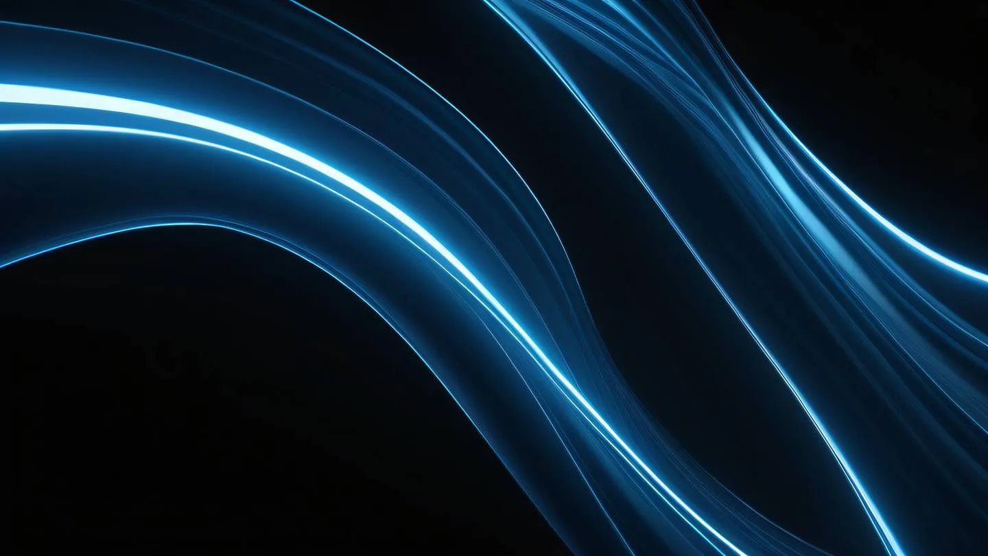 Abstract flowing curves of light representing continuous motion captured from a low angle perspective featuring bright blue and white streaks against deep black background high-quality ultra-realistic cinematic 8K UHD high resolution sharp and detail