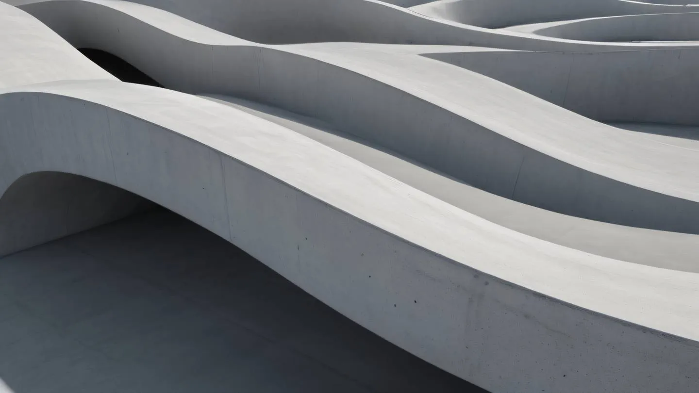 Smooth waves of concrete architecture forming infinite loops photographed from side angle neutral grey and white tones with strong shadows high-quality ultra-realistic cinematic 8K UHD high resolution sharp and detail