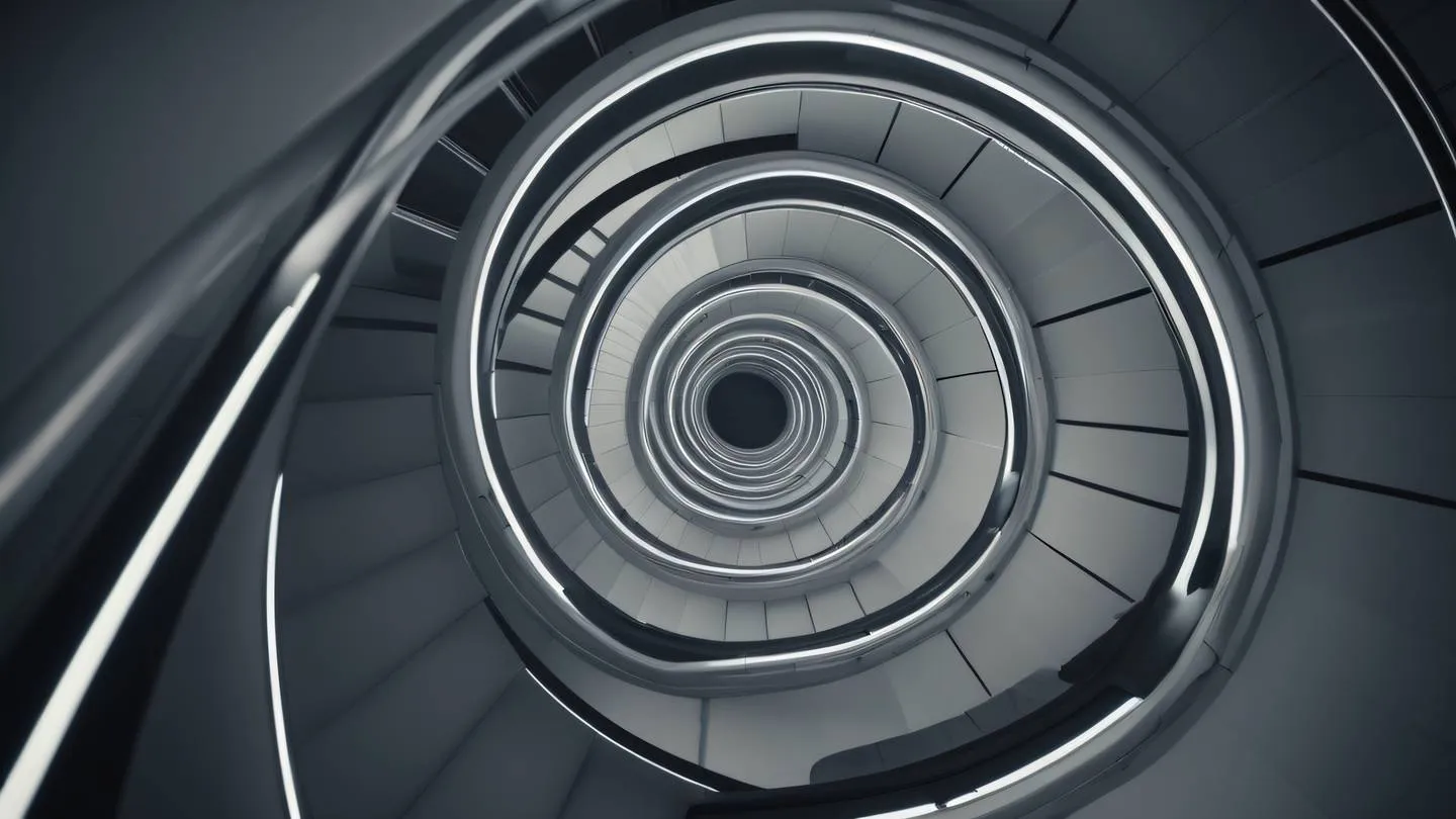 An infinite spiral staircase in a modern building photographed from bottom up featuring clean black and white tones with dramatic lighting high-quality ultra-realistic cinematic 8K UHD high resolution sharp and detail