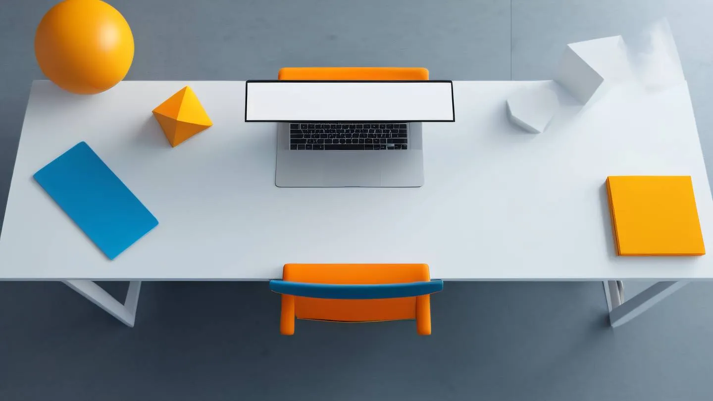 A minimalist modern workspace with floating geometric shapes in bright orange yellow and blue tones captured from a top-down perspective high-quality ultra-realistic cinematic 8K UHD high resolution sharp and detail