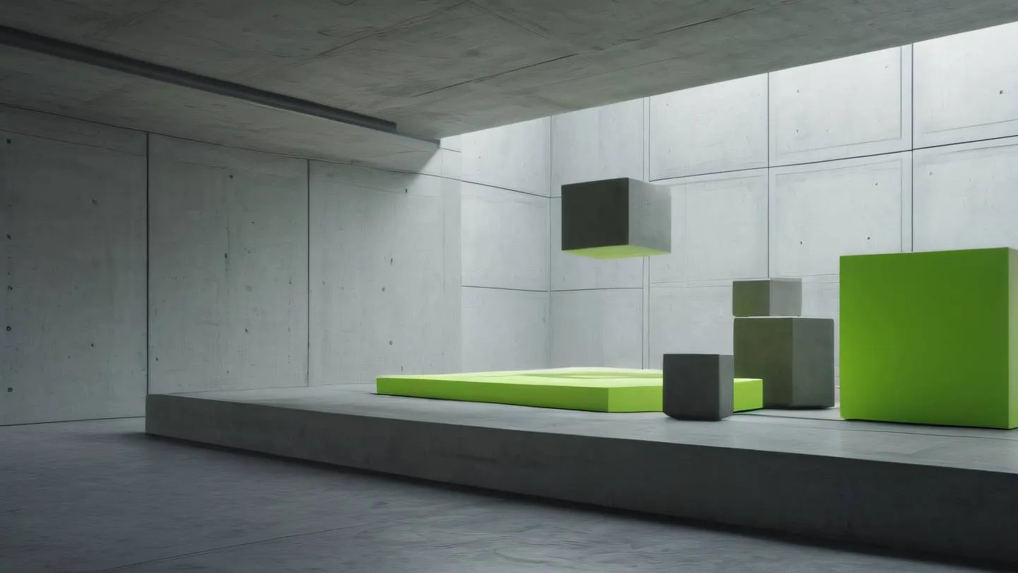 Concrete modern interior with floating geometric cubes and spheres in bright grey and neon green colors photographed from a low angle perspective high-quality ultra-realistic cinematic 8K UHD high resolution sharp and detail