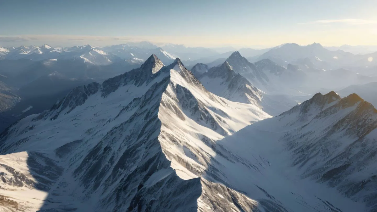 Snowy mountain peaks with streaming sunlight creating geometric patterns in minimalist yellow and cool grey tones captured from an aerial perspective high-quality ultra-realistic cinematic 8K UHD high resolution sharp and detail