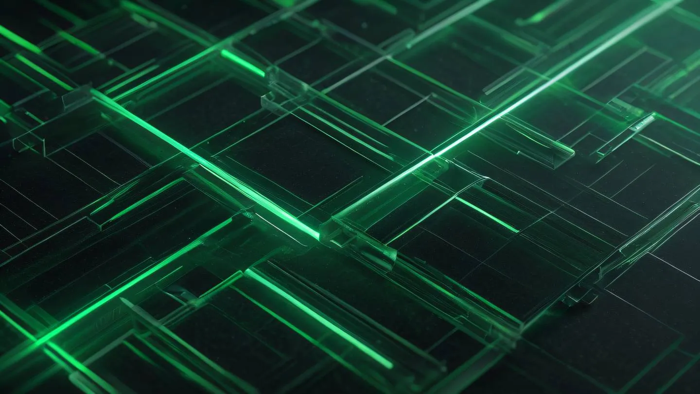 An abstract representation of data flow through crystalline structures featuring bright emerald green streaks flowing through transparent geometric shapes against a charcoal background captured from a diagonal angle high-quality ultra-realistic cinematic 8K UHD high resolution sharp and detail