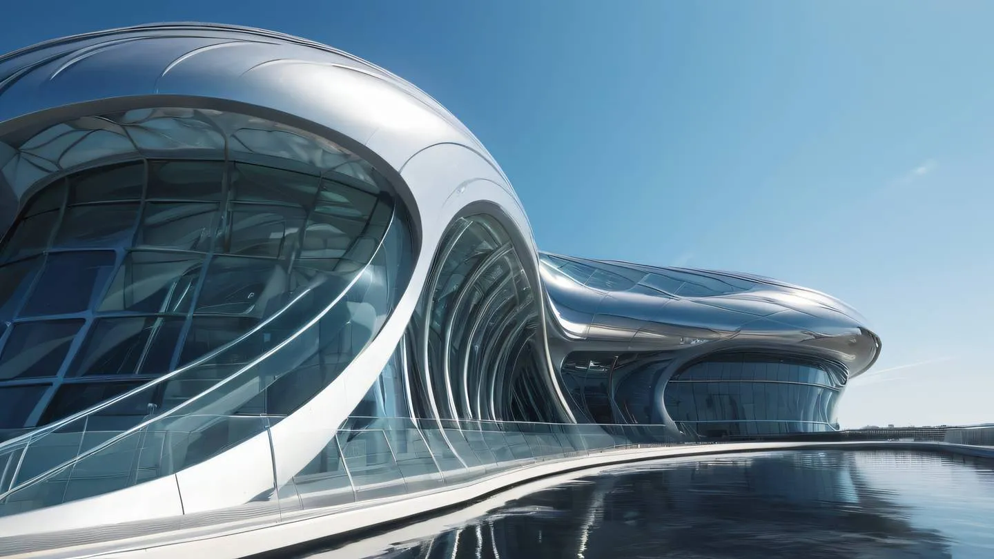 Futuristic architectural structure with flowing lines and curves featuring bright zinc metallic surfaces reflecting sunlight surrounded by glass elements shot from a low angle perspective high-quality ultra-realistic cinematic 8K UHD high resolution sharp and detail