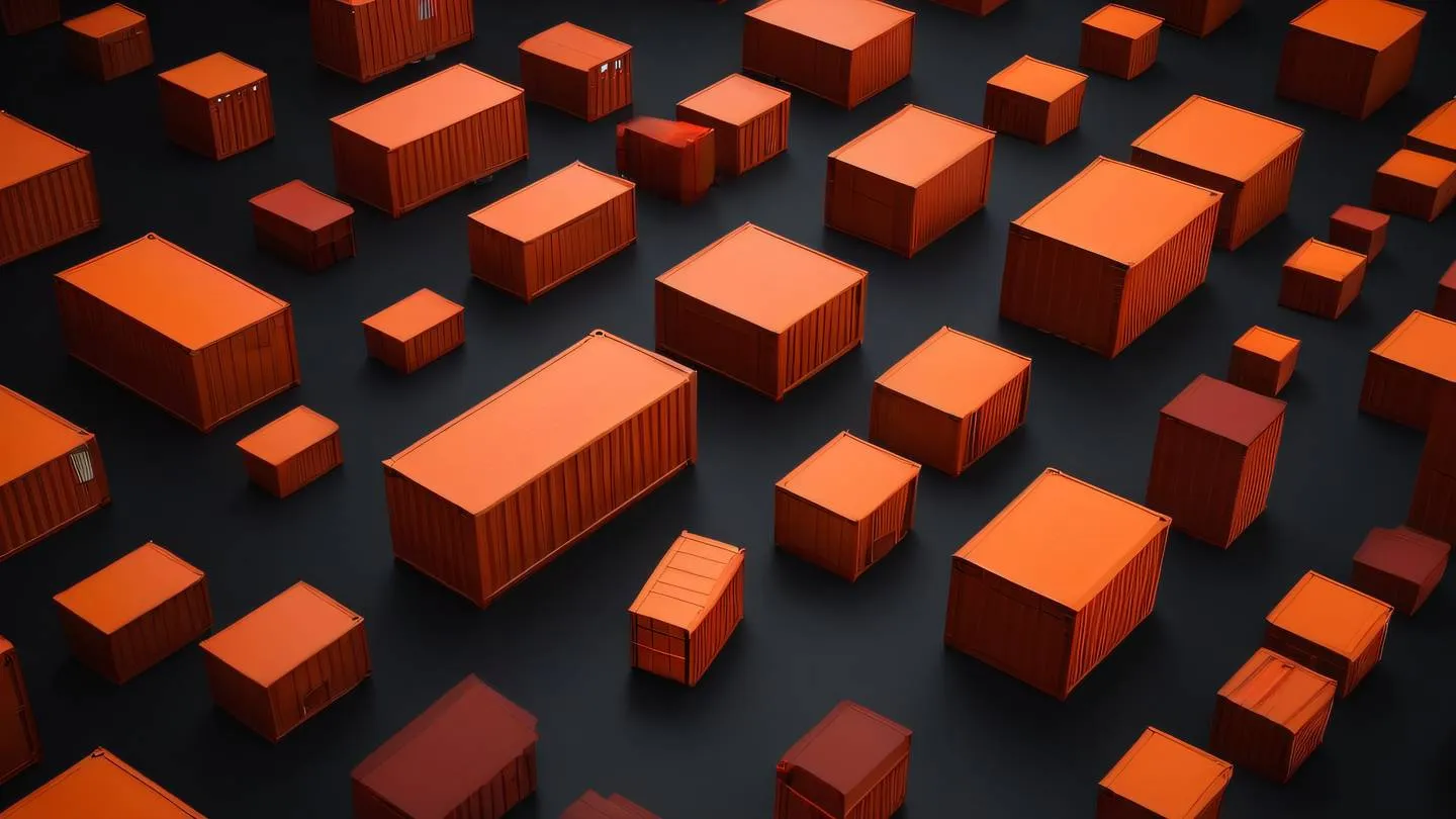 A minimalist abstract representation of containers and boxes with different sizes and shapes rendered in bold orange and blood red colors. Objects float against a deep black background suggesting the concept of variable storage. Captured from a 45-degree angle elevated perspective high-quality ultra-realistic cinematic 8K UHD high resolution sharp and detail