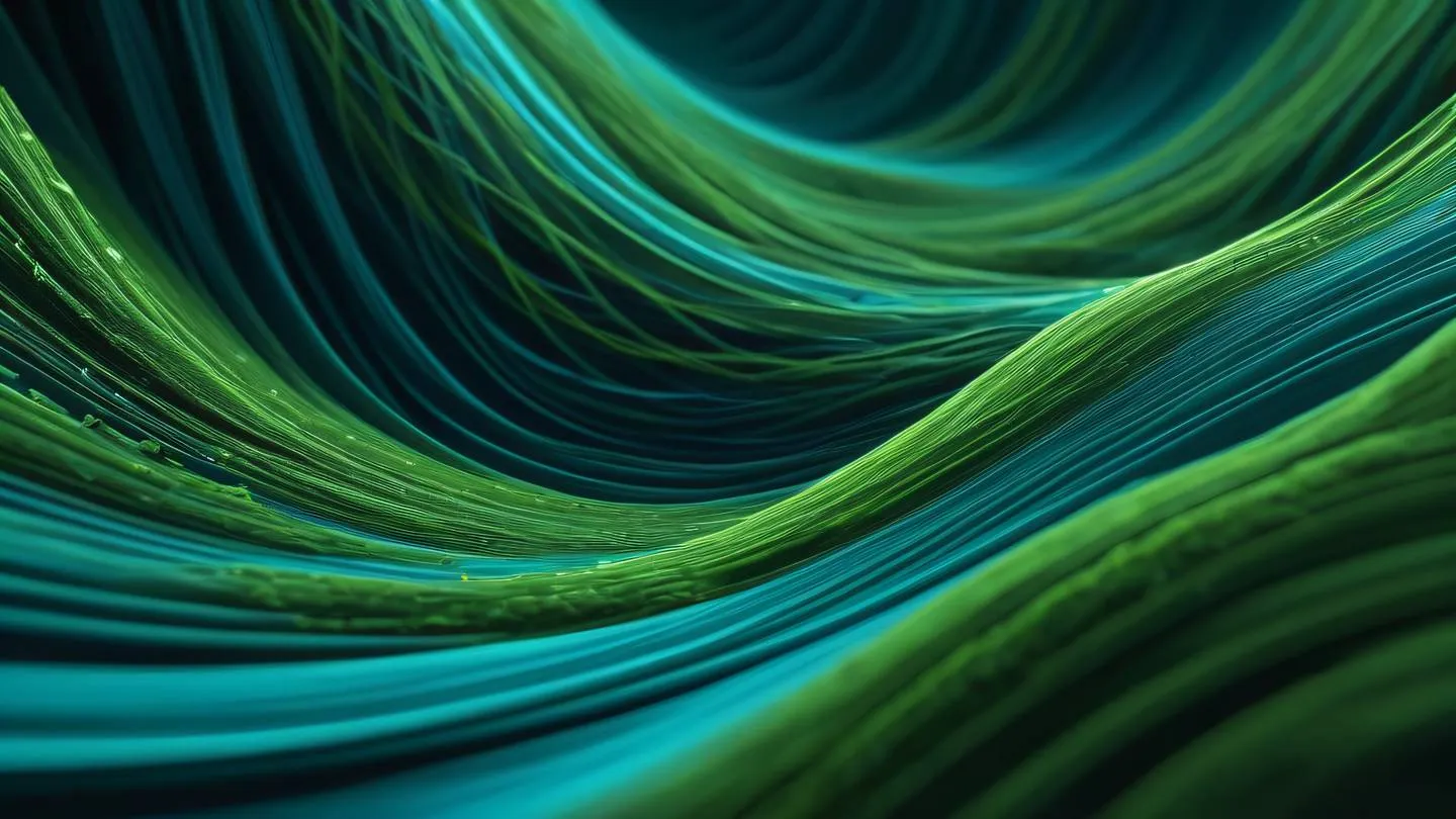 Abstract flowing streams of data visualized as smooth curved lines interweaving through space rendered in deep turquoise blue and fresh moss green. Captured from a straight-on perspective with subtle depth high-quality ultra-realistic cinematic 8K UHD high resolution sharp and detail