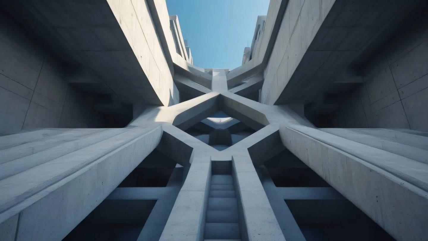 Modern concrete architectural structure with interconnected geometric shapes and pathways rendered in deep blue tones against a lighter background. Shot from a low angle perspective looking upward high-quality ultra-realistic cinematic 8K UHD high resolution sharp and detail