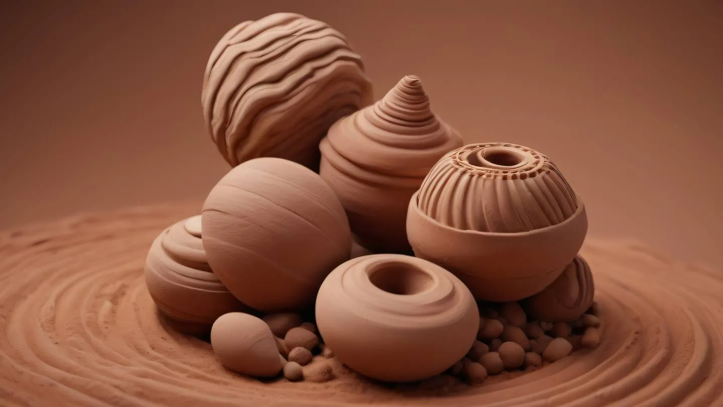 Organic clay sculpture forms representing different shapes and sizes merging together colored in warm clay tones with hints of terracotta. Viewed from a circular motion blur perspective high-quality ultra-realistic cinematic 8K UHD high resolution sharp and detail