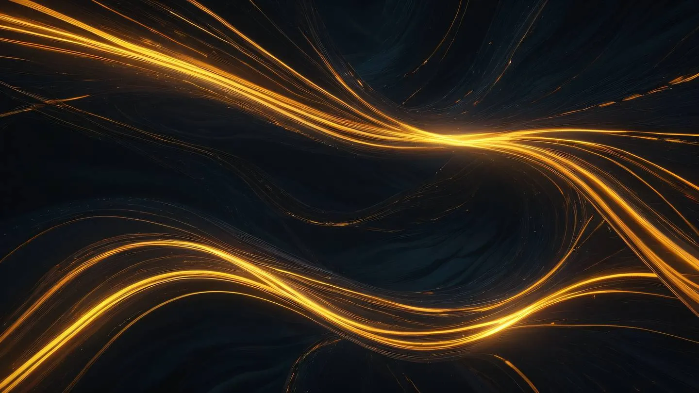 A modern abstract visualization of parallel streams flowing in harmony featuring bright amber and golden streams of light interweaving against a dark background shot from above with a bird's eye view perspective ultra-realistic cinematic 8K UHD high resolution sharp and detail