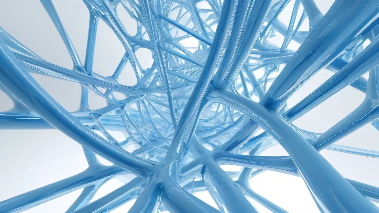 An elegant abstract representation of interconnected pathways featuring bright blue crystalline structures against a pristine white background captured from a low angle looking up creating a sense of grandeur and scale high-quality ultra-realistic cinematic 8K UHD high resolution sharp and detail