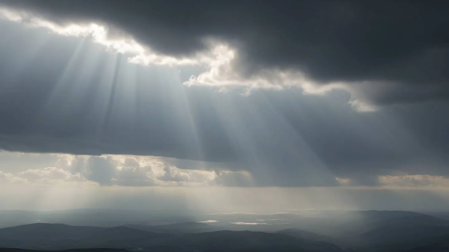 A serene landscape featuring rays of light streaming through clouds in neutral tones of grey and white creating a calm and balanced composition shot from a diagonal angle to create depth high-quality ultra-realistic cinematic 8K UHD high resolution sharp and detail