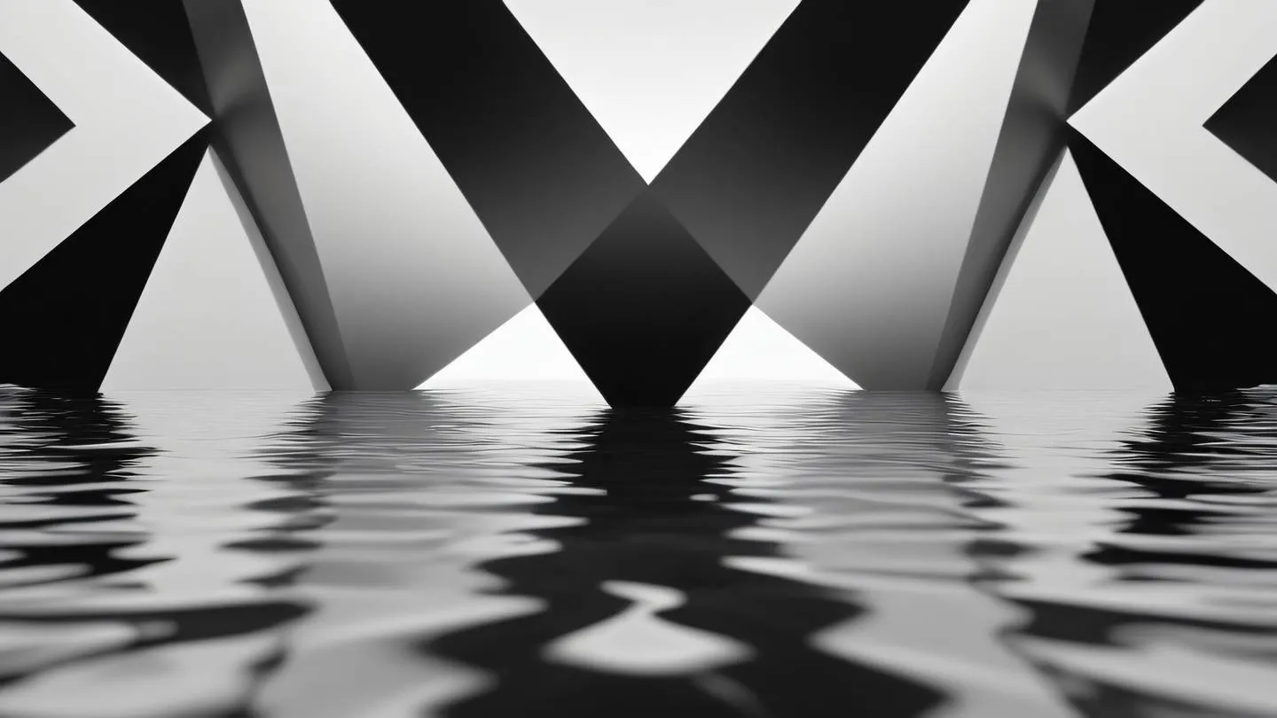 A peaceful abstract composition of black and white geometric shapes flowing like water representing harmony and balance from a straight-on perspective with perfect symmetry high-quality ultra-realistic cinematic 8K UHD high resolution sharp and detail