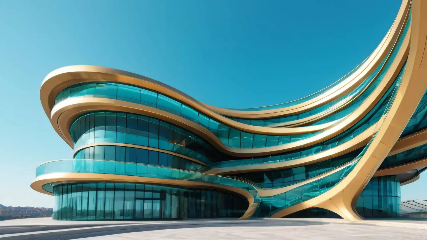 A modern abstract architectural structure with flowing curves and clean lines featuring bright turquoise and gold metallic elements photographed from a low angle perspective against a clear sky high-quality ultra-realistic cinematic 8K UHD high resolution sharp and detail