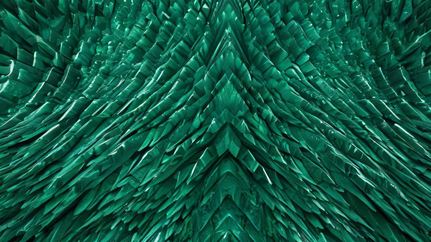 Abstract geometric patterns inspired by crystalline structures composed of emerald green and silver tones flowing in a continuous pattern captured from a bird's eye view high-quality ultra-realistic cinematic 8K UHD high resolution sharp and detail