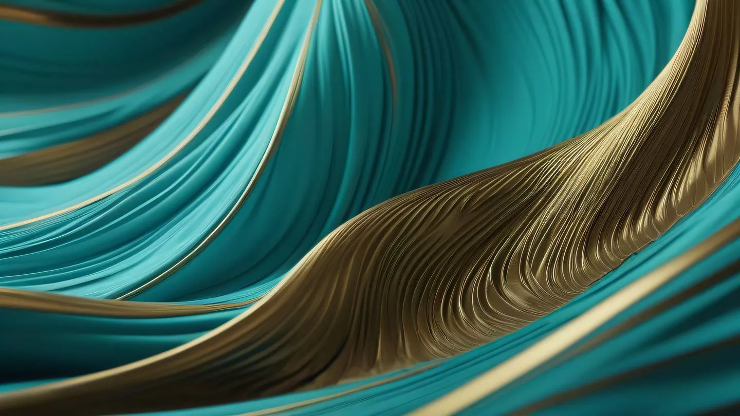 Flowing fabric-like waves of cyan and brass colors intertwined in an abstract pattern shot from a diagonal angle featuring organic shapes and movement high-quality ultra-realistic cinematic 8K UHD high resolution sharp and detail