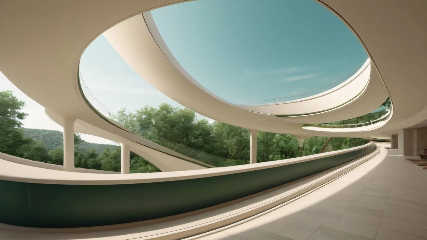 Elegant architectural curves in rich cream and forest green colors featuring smooth transitions and layered depths photographed from a sweeping side angle high-quality ultra-realistic cinematic 8K UHD high resolution sharp and detail