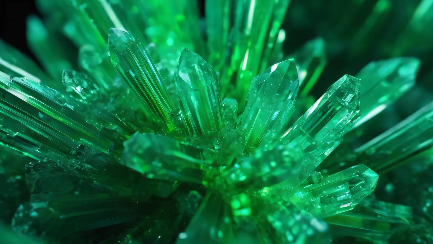 A close-up macro shot of interlocking crystal formations with bright neon green and emerald colors resembling memory structures captured from a top-down perspective high-quality ultra-realistic cinematic 8K UHD high resolution sharp and detail