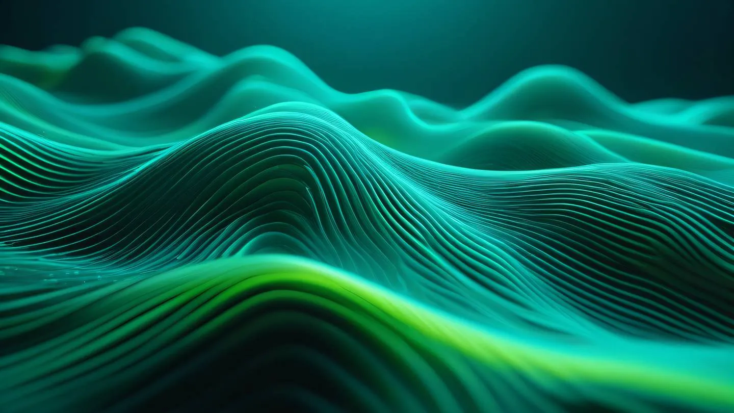 Smooth waves of bright turquoise and neon green interweaving like memory pools and data structures captured from a side angle with crystalline formations high-quality ultra-realistic cinematic 8K UHD high resolution sharp and detail