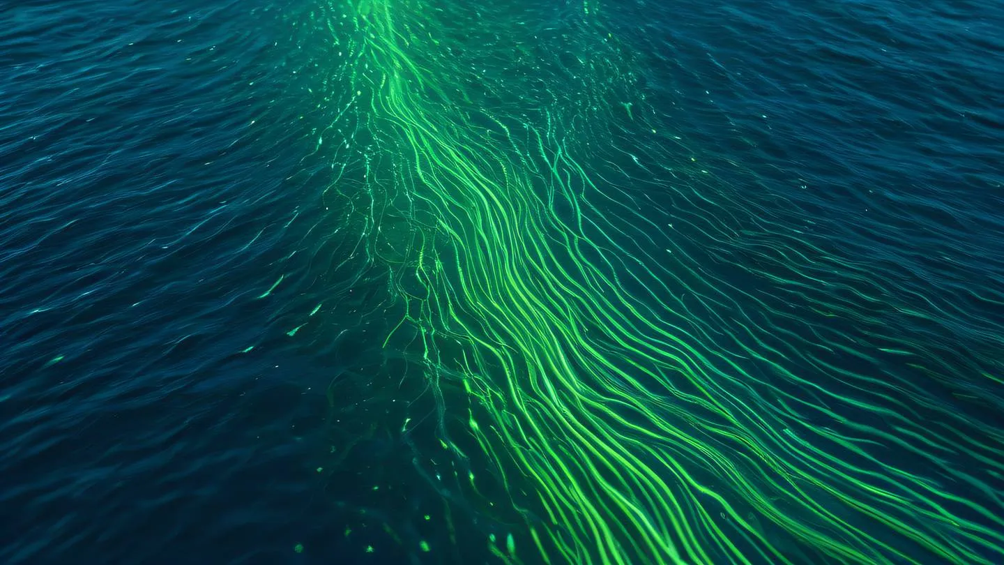 Dynamic flowing patterns of deep ocean blue and bright neon green suggesting efficient memory flow and optimization captured from a bird's eye view featuring sea-like textures high-quality ultra-realistic cinematic 8K UHD high resolution sharp and detail