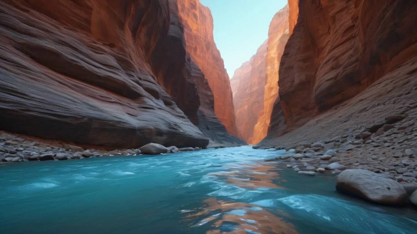 Flowing river through a canyon symbolizing the flow of data and dependencies shot from a low angle perspective looking up at the canyon walls. Colors: Rich salmon-orange canyon walls with crystal clear baby blue water. Style: high-quality ultra-realistic cinematic 8K UHD high resolution sharp and detail