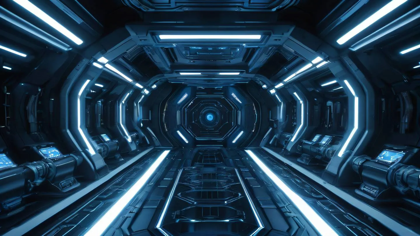 A sleek modern spaceship engine room with glowing blue energy cores and metallic surfaces featuring intricate mechanical details and flowing energy patterns. Wide-angle shot with dramatic lighting emphasizing the technological advancement. High-quality ultra-realistic cinematic 8K UHD high resolution sharp and detail