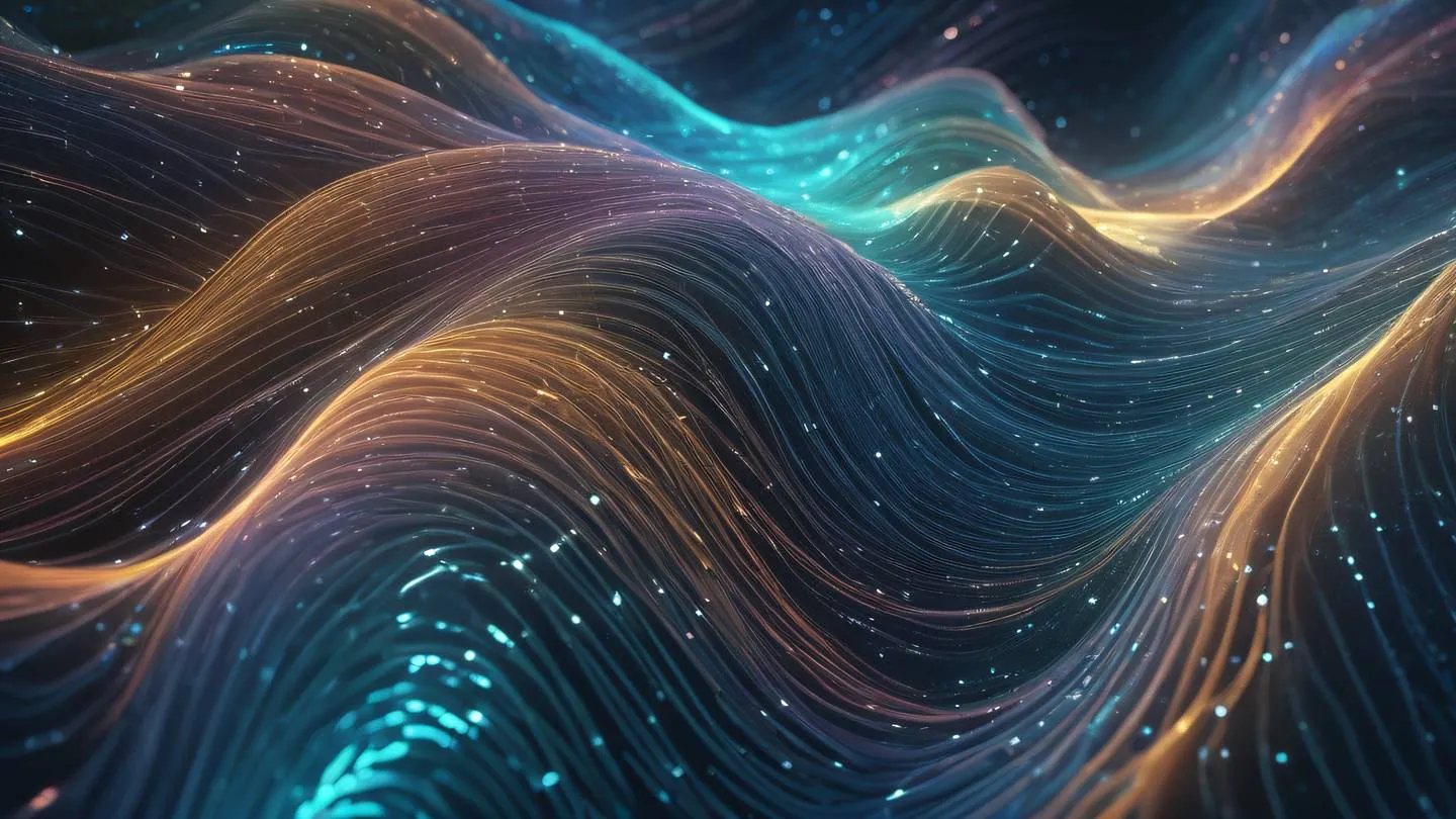 Abstract visualization of flowing data streams and geometric patterns in iridescent and natural colors with light streams weaving through crystalline structures. Aerial view capturing the intricate patterns. High-quality ultra-realistic cinematic 8K UHD high resolution sharp and detail