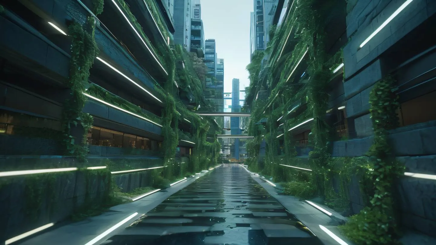 Dynamic cityscape with interconnected light paths and energy flows in stone blue and seaweed colors showing architectural elements merging with data streams. Low angle shot emphasizing vertical flow. High-quality ultra-realistic cinematic 8K UHD high resolution sharp and detail