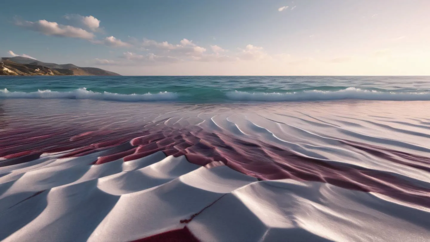 Serene beach landscape with crystalline waves and geometric patterns in maroon and silver colors featuring natural elements integrated with technological motifs. Panoramic shot capturing the horizon. High-quality ultra-realistic cinematic 8K UHD high resolution sharp and detail