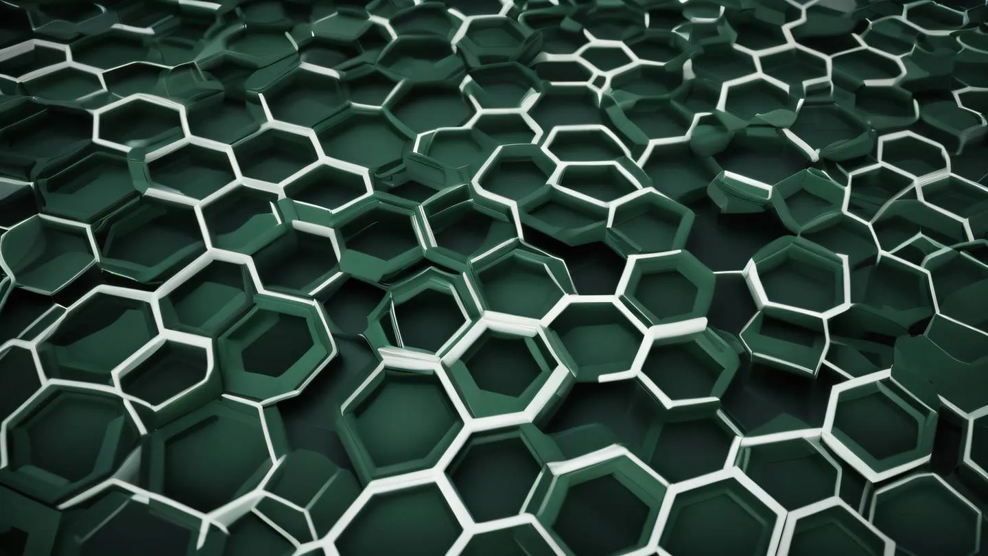 An abstract representation of organized geometric patterns resembling a structured network with interconnected hexagons and lines rendered in sage green and whisper white colors against a dark background shot from a 45-degree angle perspective high-quality ultra-realistic cinematic 8K UHD high resolution sharp and detail