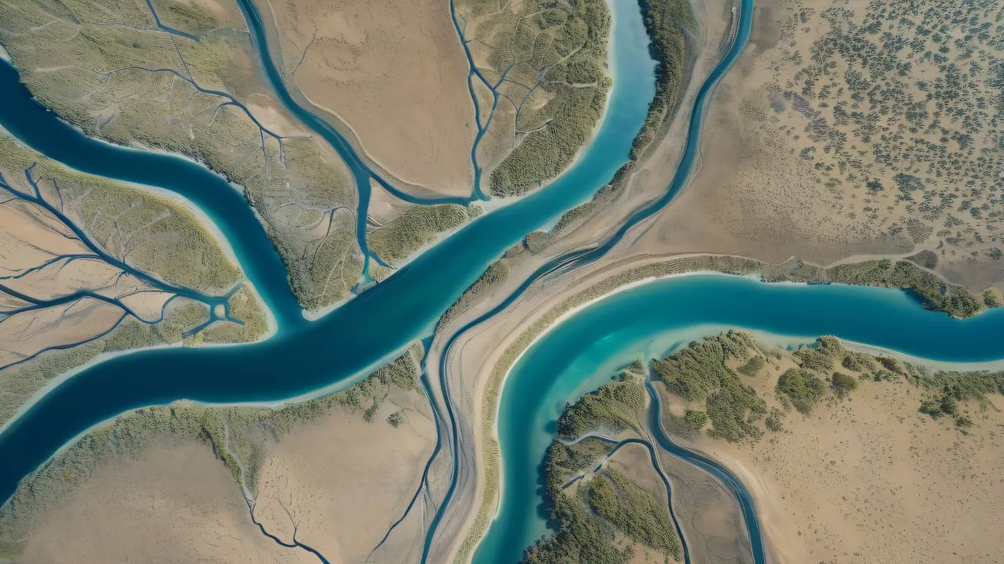 Aerial top-down view of a naturally forming river delta system branching out in multiple directions showcasing in breezeway blue and etched glass colors against a sandy backdrop captured from directly above high-quality ultra-realistic cinematic 8K UHD high resolution sharp and detail