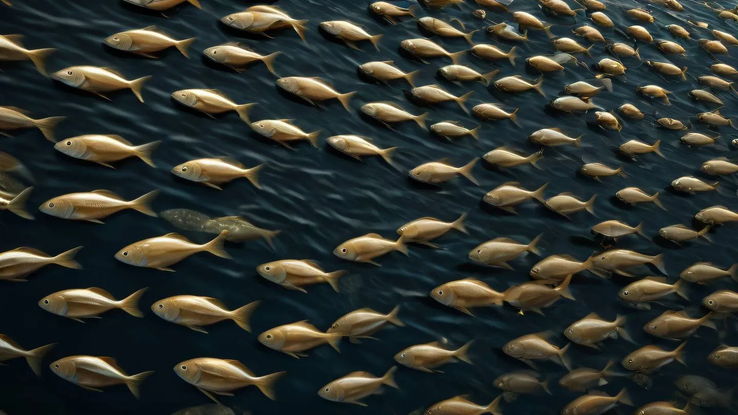 School of fish swimming in perfect geometric formation creating abstract patterns rendered in iron and umber colors against a deep sea background captured from a side angle with slight elevation high-quality ultra-realistic cinematic 8K UHD high resolution sharp and detail