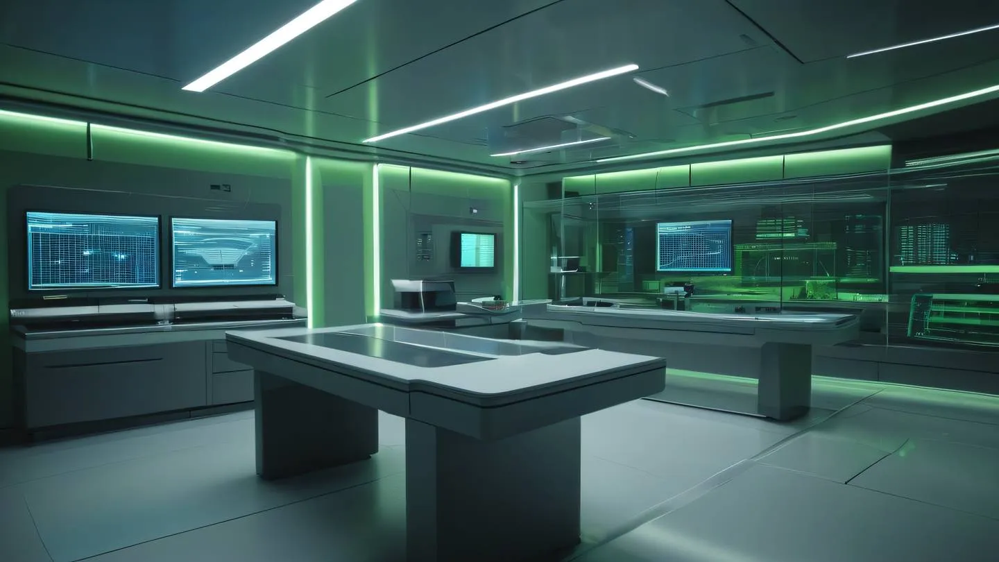 A futuristic minimalist laboratory environment with floating holographic displays showing geometric patterns and data visualizations. Colors: Dominant lime green and stone gray. Sharp lens focus on clean workspace surfaces. Viewing angle: Wide angle perspective shot showing the depth of the laboratory space high-quality ultra-realistic cinematic 8K UHD high resolution sharp and detail