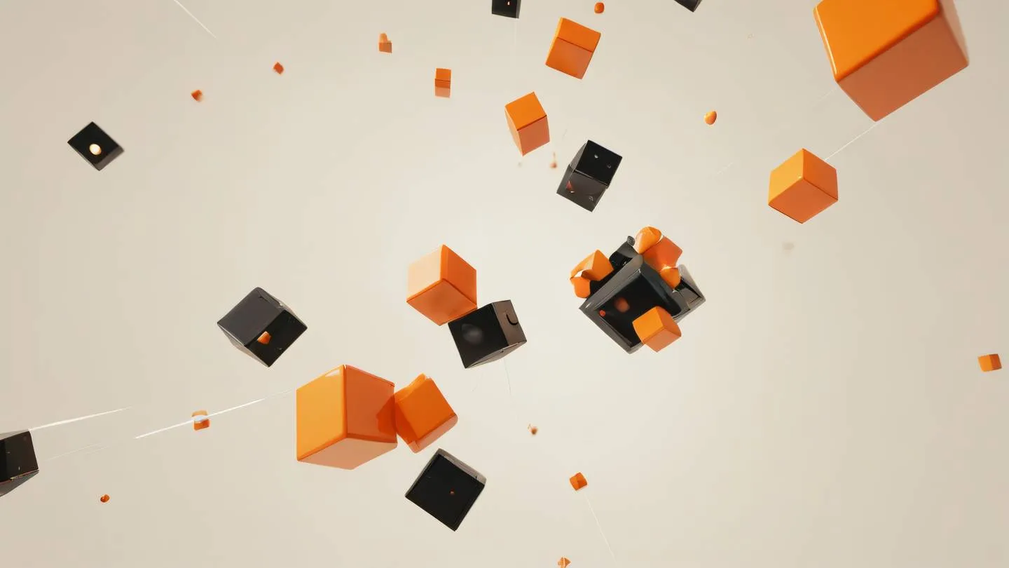 Abstract geometric composition of interconnected cubes and spheres floating in space representing code structure and testing patterns. Colors: Orange and black geometric shapes against creamy background. Camera angle: Low angle shot looking upward at floating elements high-quality ultra-realistic cinematic 8K UHD high resolution sharp and detail