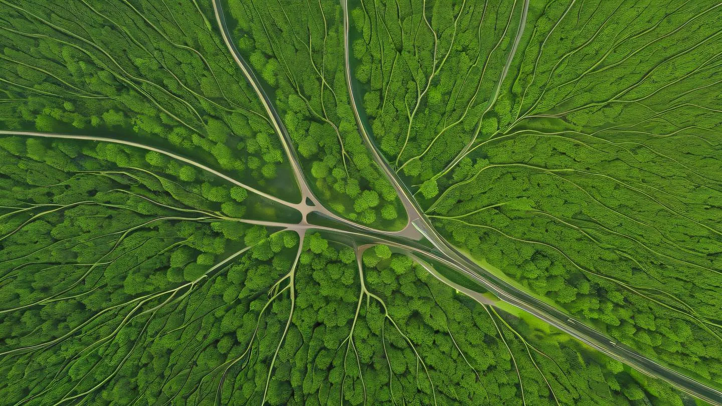 An organic flowing composition of interconnected nodes and pathways representing test coverage and code paths. Colors: Lime green pathways with october mist background. Camera angle: Top-down aerial view of the flowing patterns high-quality ultra-realistic cinematic 8K UHD high resolution sharp and detail