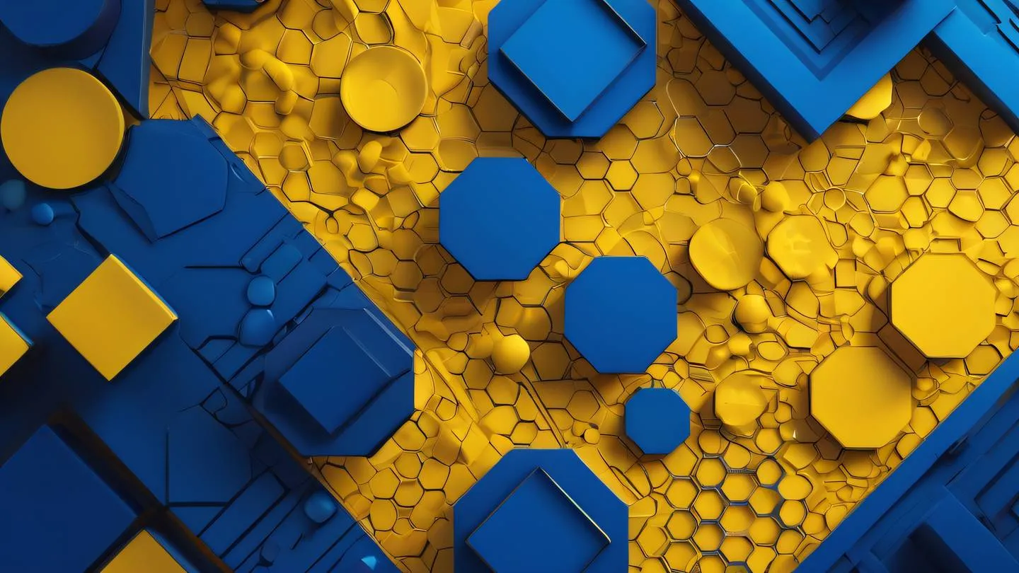 Abstract geometric shapes representing interconnected components featuring sunshine yellow and sapphire blue gradient patterns flowing smoothly across the canvas shot from top-down perspective high-quality ultra-realistic cinematic 8K UHD high resolution sharp and detail