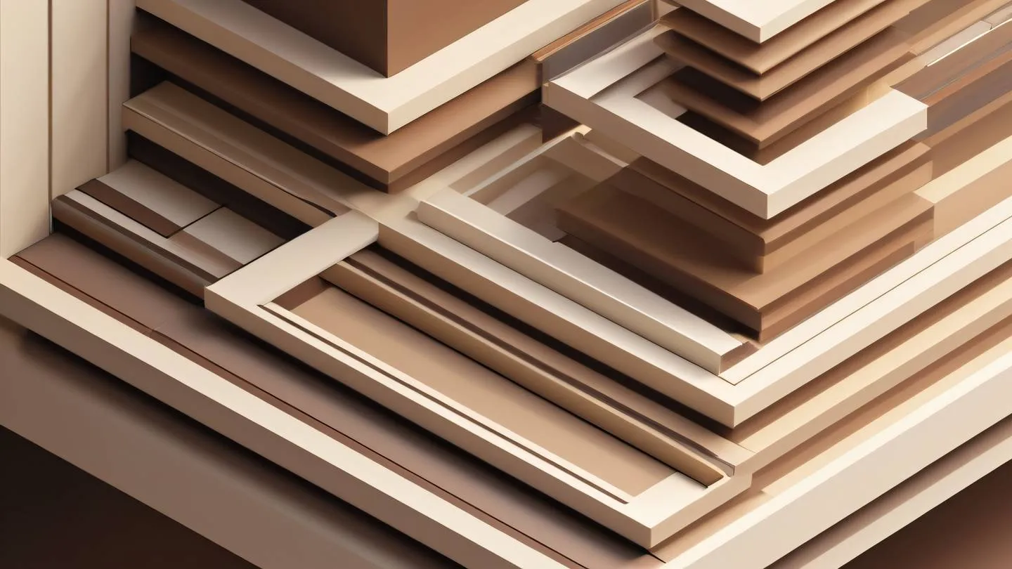 Abstract representation of layered architectural elements with clean lines and geometric patterns featuring contemporary brown and cream colors with subtle gradients shot from an isometric view high-quality ultra-realistic cinematic 8K UHD high resolution sharp and detail