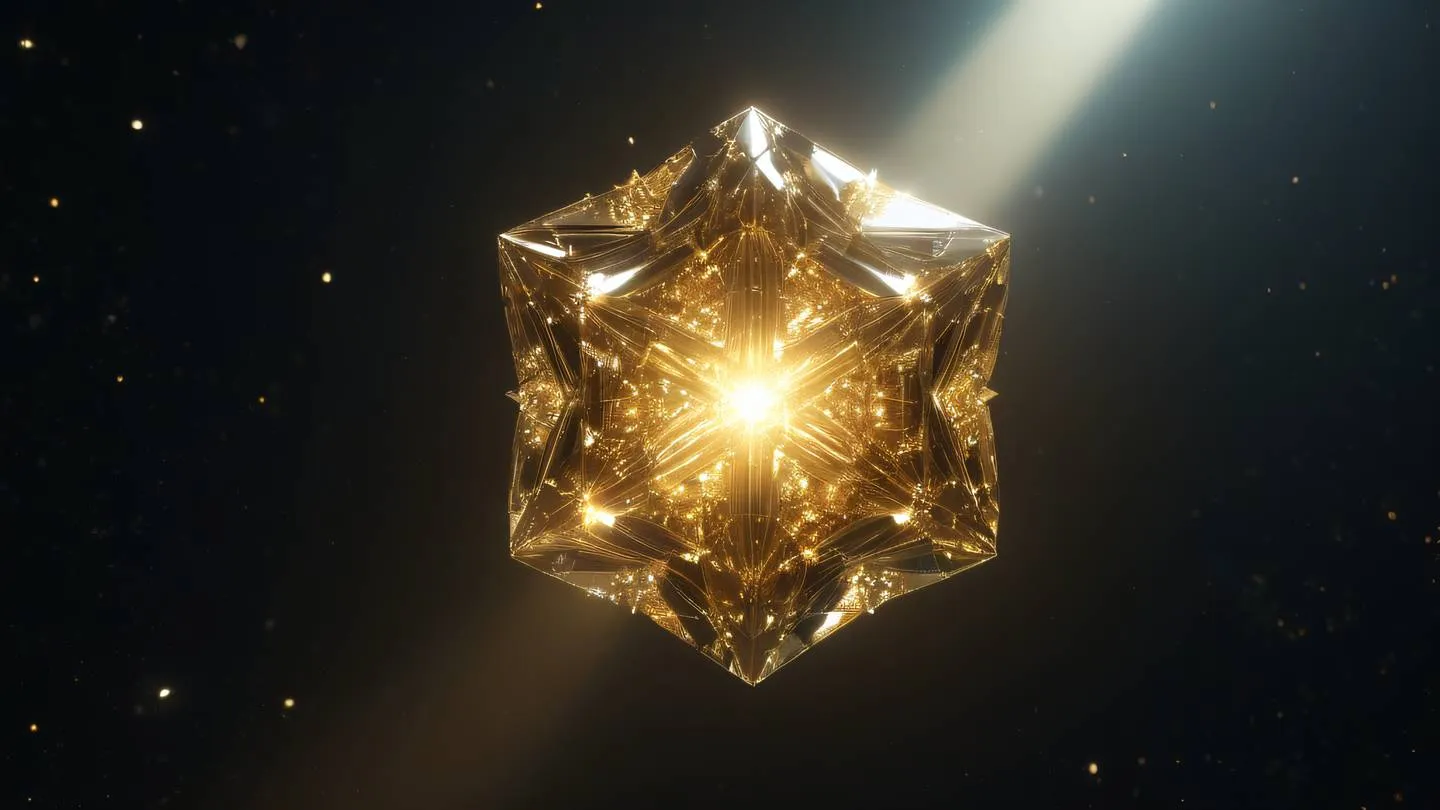 A floating geometric crystal structure with sharp edges reflecting golden light rays suspended in a cosmic void ultra-realistic cinematic 8K UHD high resolution sharp and detailed shot from below looking up to emphasize grandeur