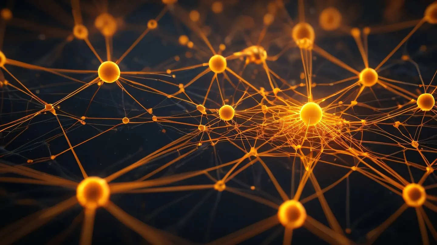 An abstract representation of interconnected nodes forming a network pattern glowing with warm orange and yellow energy streams flowing between points ultra-realistic cinematic 8K UHD high resolution sharp and detailed captured from a top-down perspective