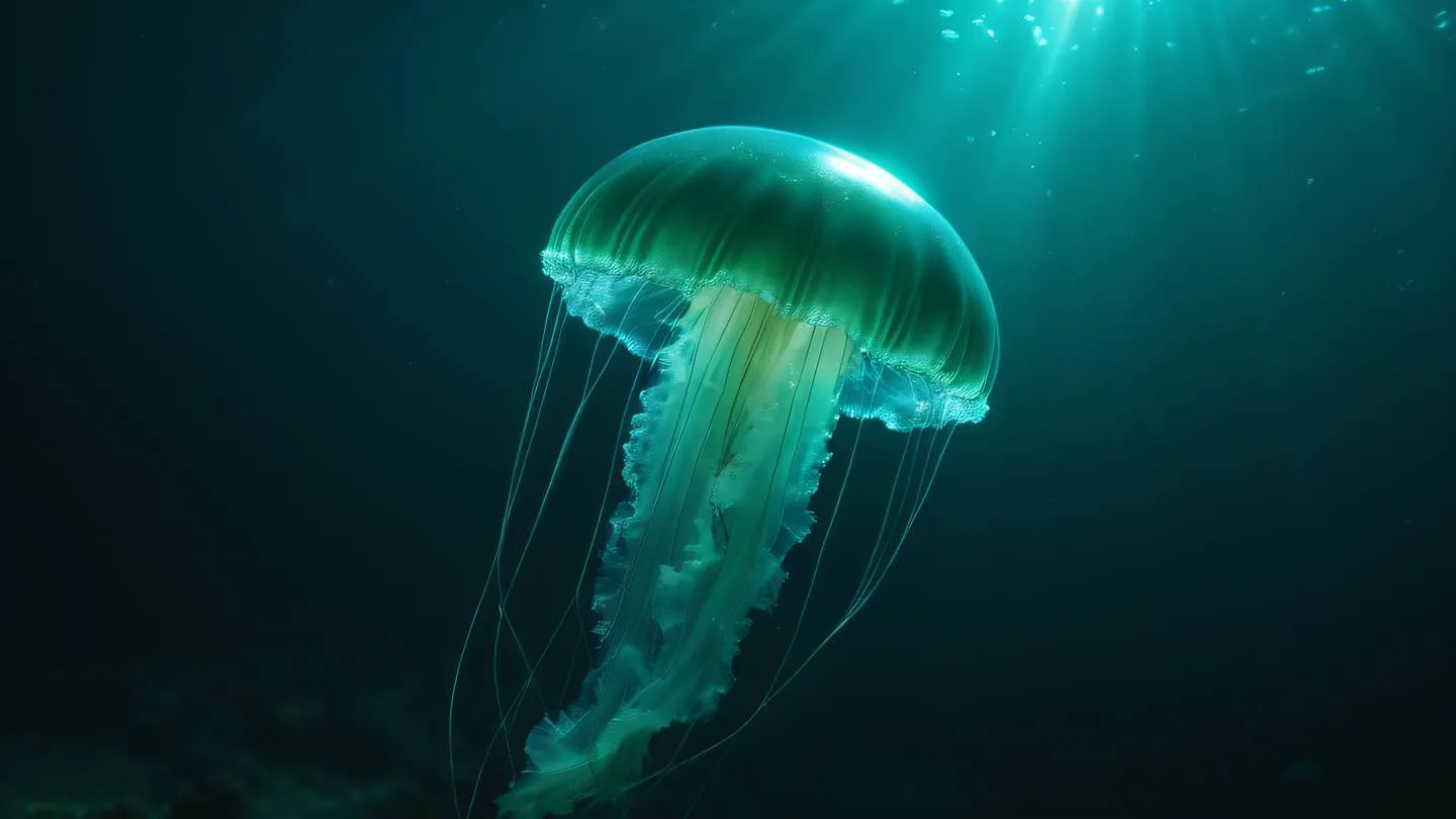 Ethereal underwater scene with bioluminescent emerald jellyfish floating in dark waters with light beams piercing through ultra-realistic cinematic 8K UHD high resolution sharp and detailed captured from a side angle with slight upward tilt