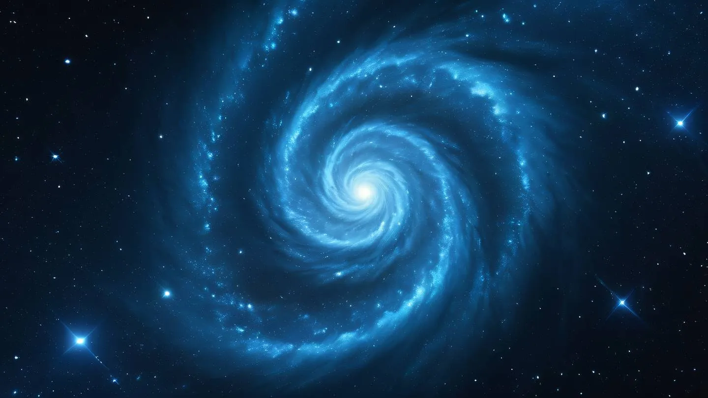 A spiral galaxy formation with bright neon blue and cyan colors swirling in space surrounded by scattered stars and cosmic dust ultra-realistic cinematic 8K UHD high resolution sharp and detailed captured from a dramatic diagonal angle